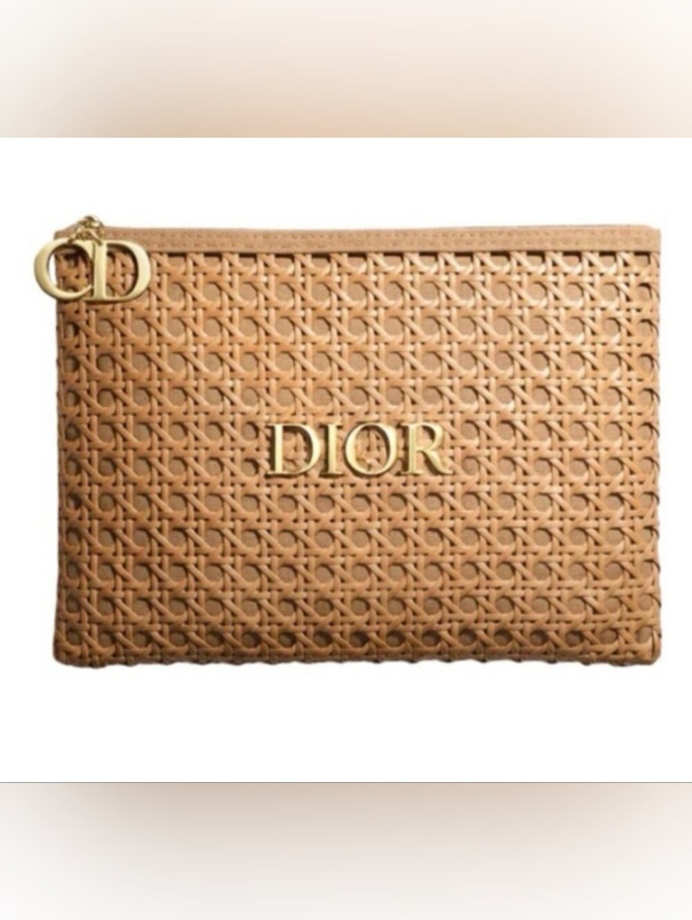 Dior Tan Woven Leather Pouch with Gold Logo